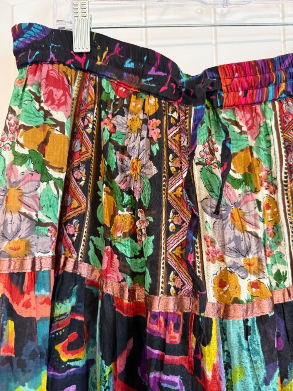 Vibrant bohemian tiered maxi skirt with eclectic mixed prints and ribbon trim - Picture 2 of 6